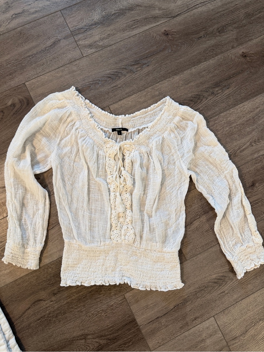 Black Cream Crochet Tie-Neck Boho Blouse